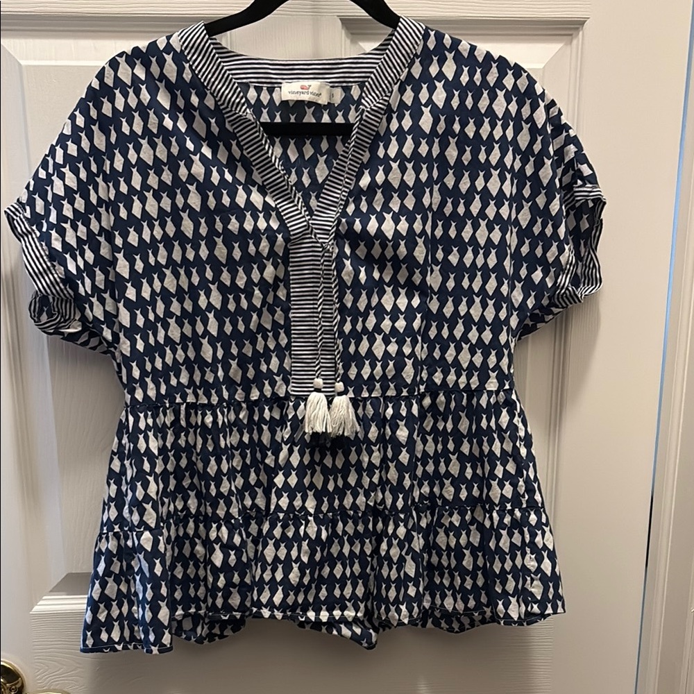 Vineyard Vines Blue and White Boxy Tie Front Blouse